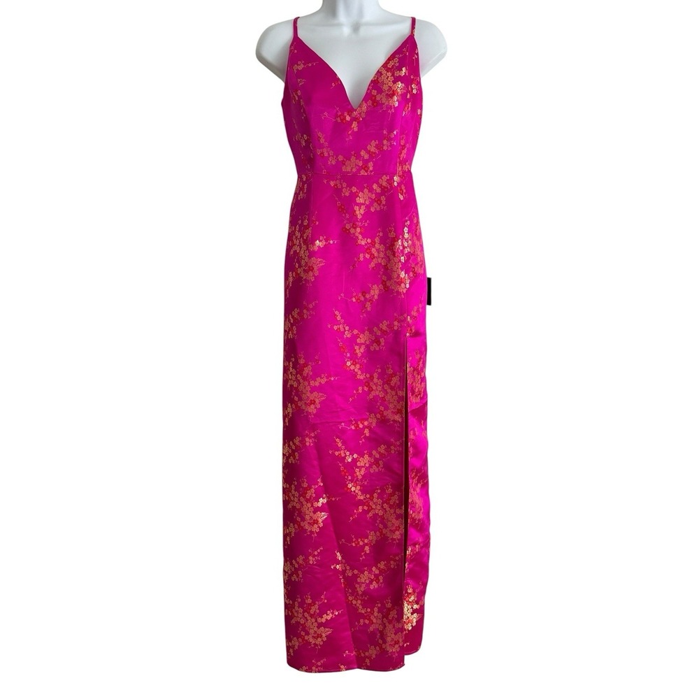 Lulus Maxi Dress M Pink Satin Jacquard NWT Gold Floralβ Slip V-Neck Strappy Slit